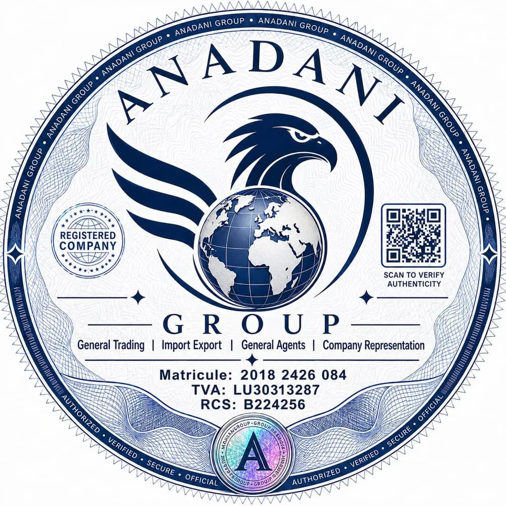 ANADANI GROUP registration certificate showing the company, VAT and RCS numbers