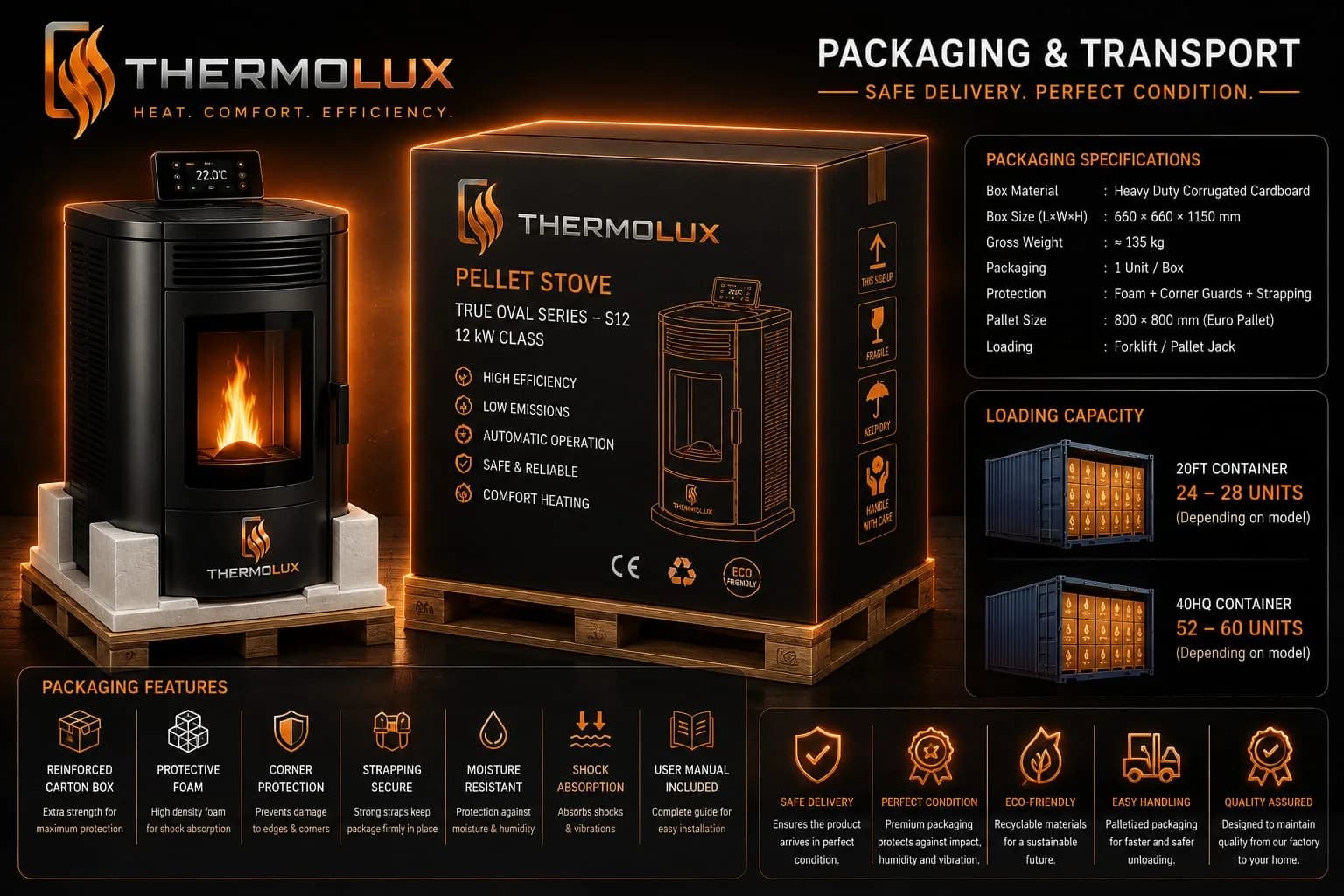 How a THERMOLUX pellet stove is packed for transport